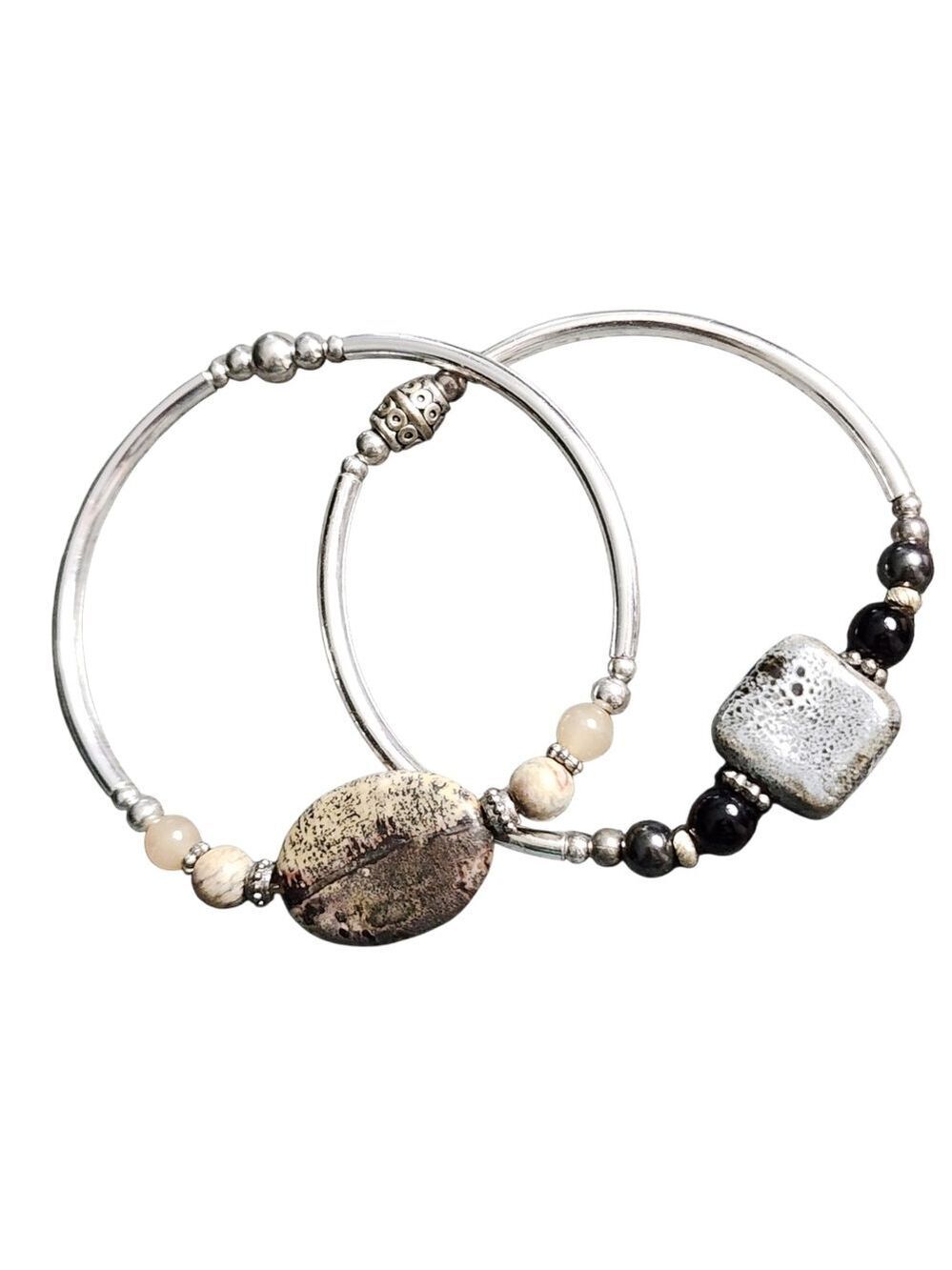 Picture Jasper Tan and Gray Silvertone Beaded Bracelet Set